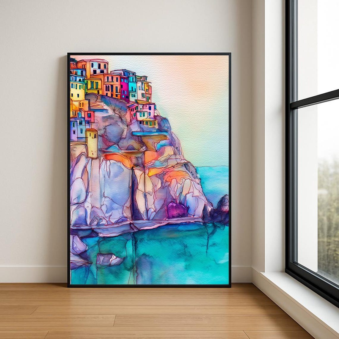 Colorful Cliffside Village Turquoise Sea Pastel Cliffs Wall Art