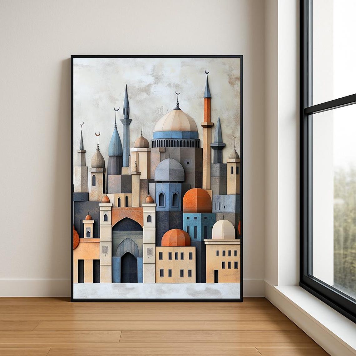 Geometric Mosque Skyline Domes Crescent Moons Abstract Art Poster