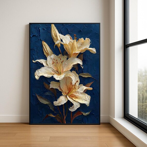 White Lilies on Navy Textured Impasto Floral Oil Painting Poster