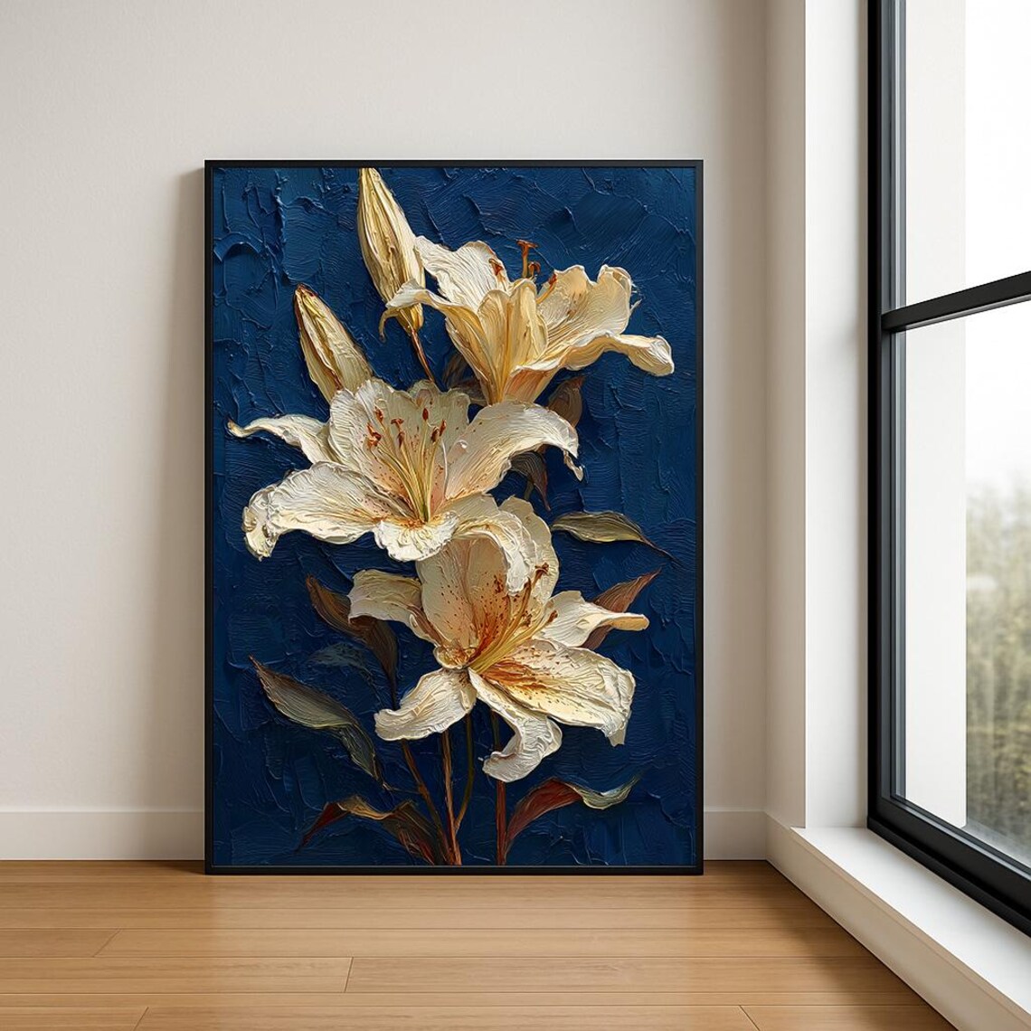 White Lilies on Navy Textured Impasto Floral Oil Painting Poster