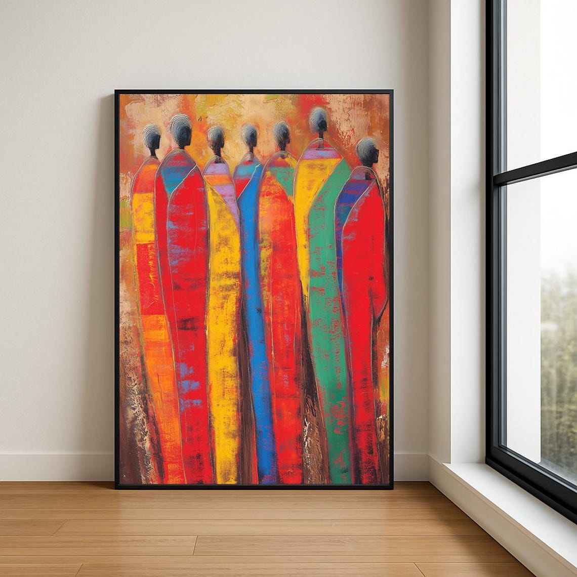 Seven Figures in Bright Robes African Inspired Abstract Art Poster