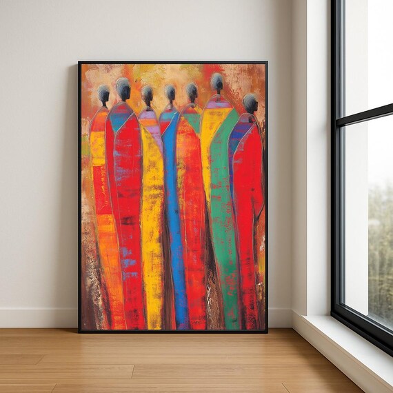 Seven Figures in Bright Robes African Inspired Abstract Art Poster
