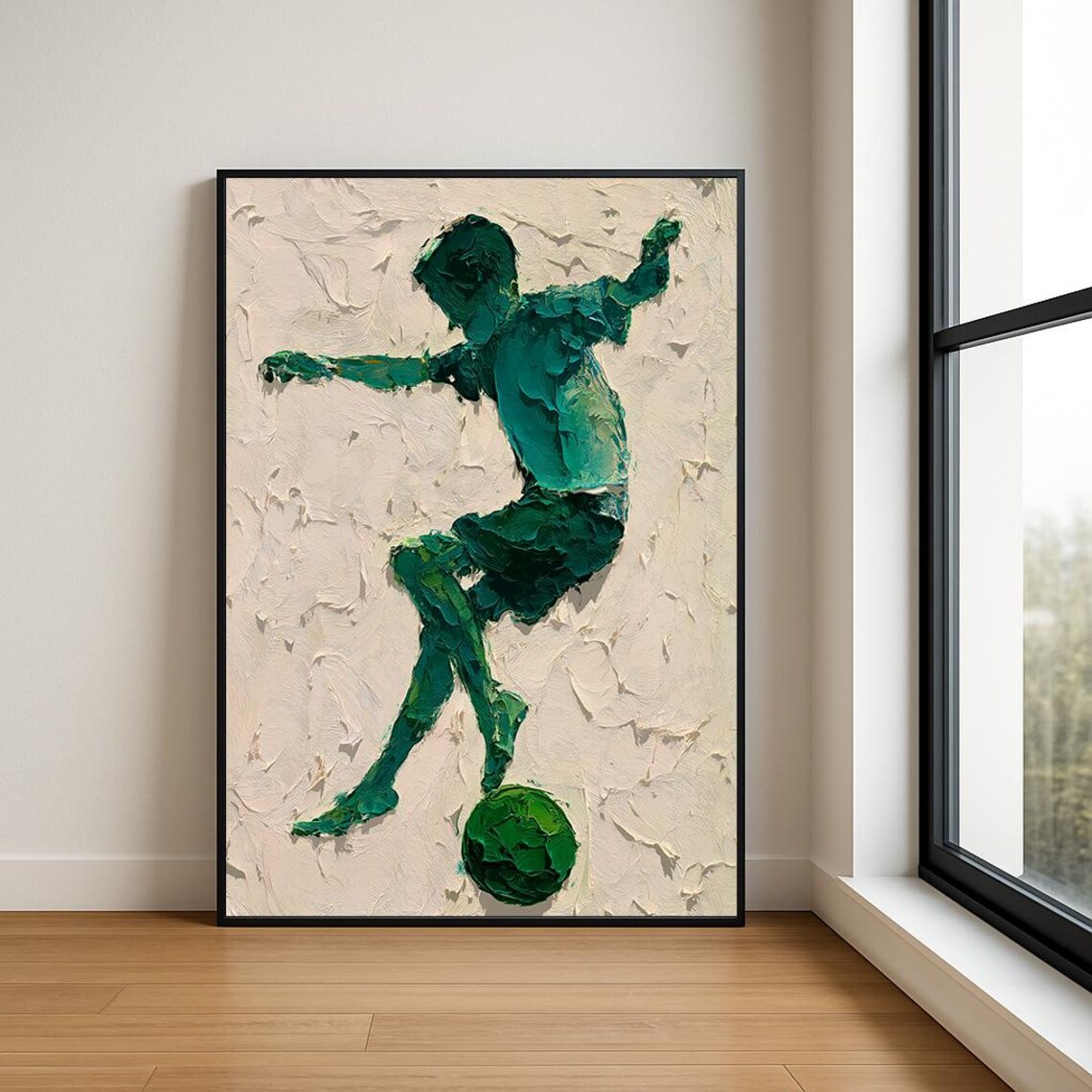 Green Soccer Player Ball Control Impasto Oil Painting Sports Poster