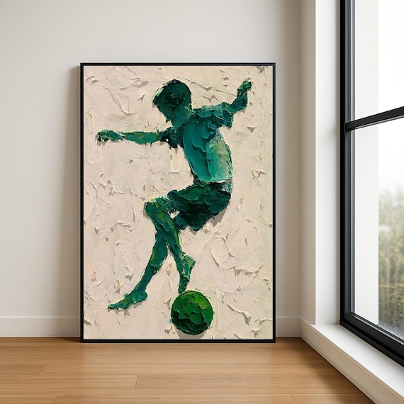 Green Soccer Player Ball Control Impasto Oil Painting Sports Poster
