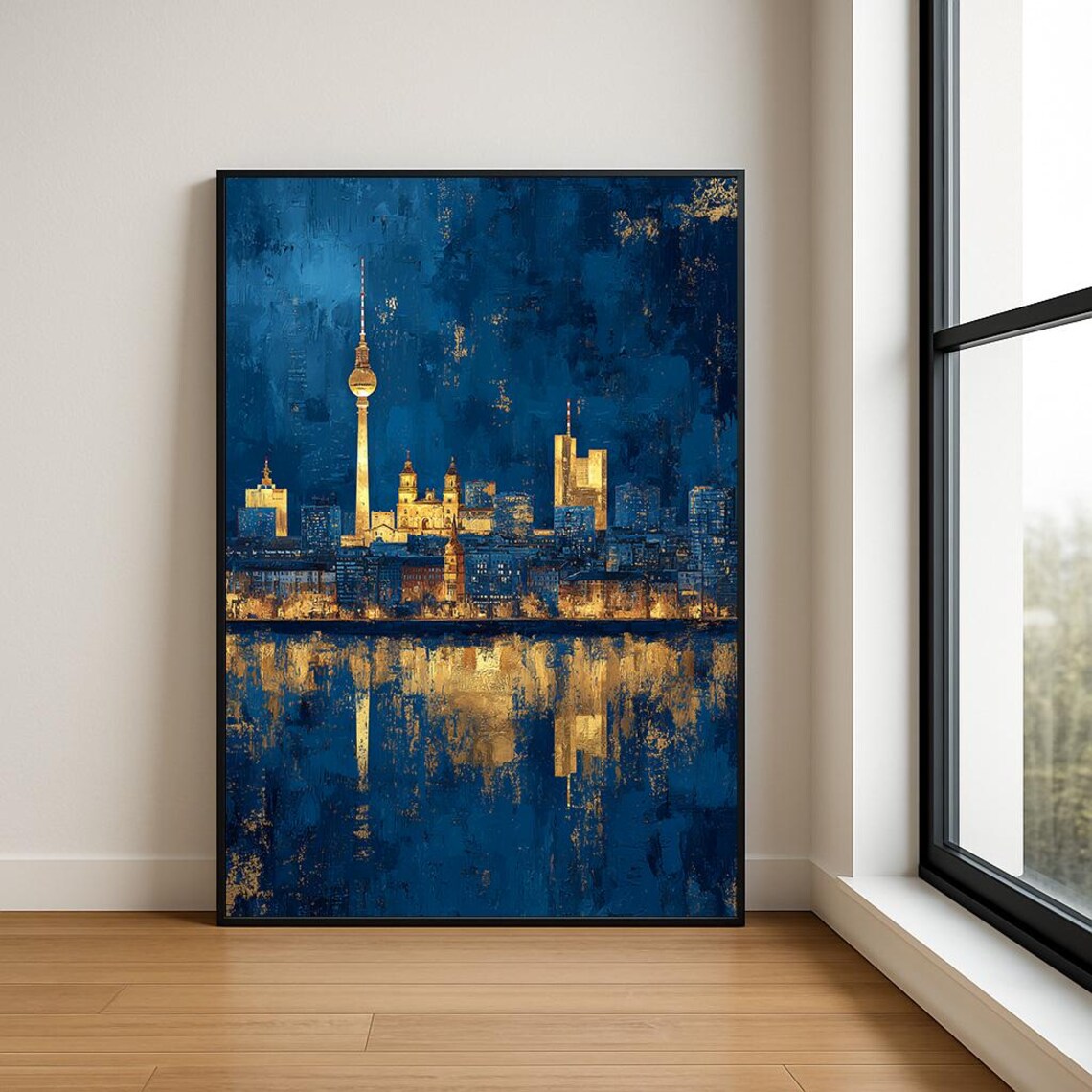Berlin TV Tower Golden Skyline Midnight Blue Oil Painting Poster