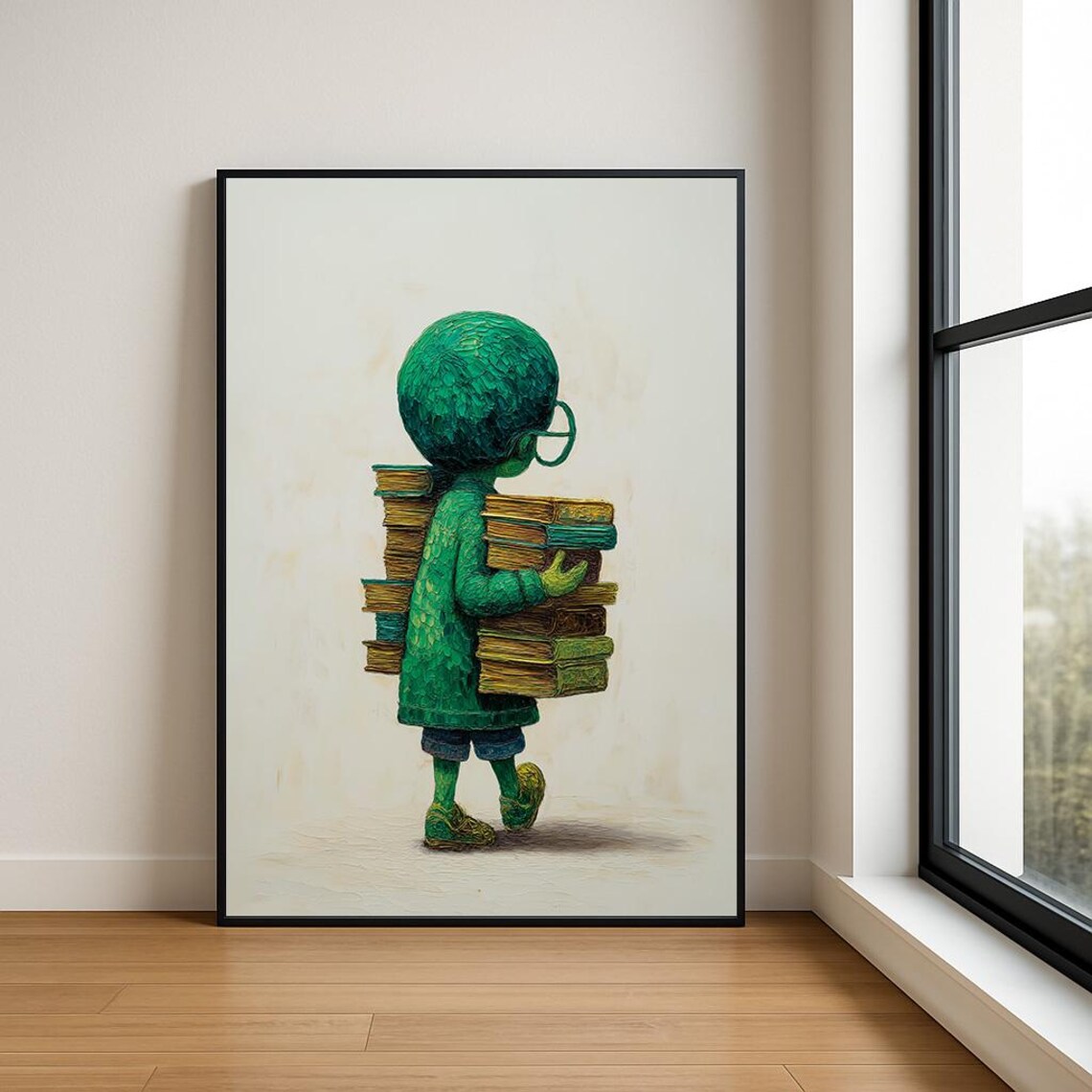 Green Boy Walking with Two Stacks of Books Impasto Art Poster