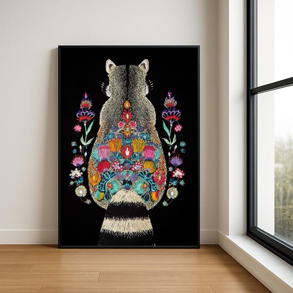 Colourful Embroidered Animal Wall Art Boho Illustration Print Vibrant Textile Style Home Decor