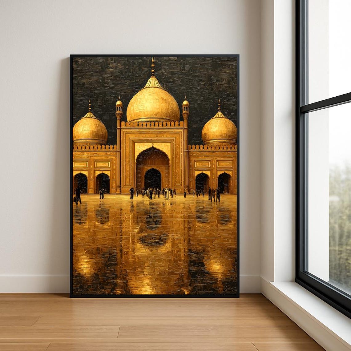 Golden Majestic Domed Mosque at Night Reflection Oil Painting Poster