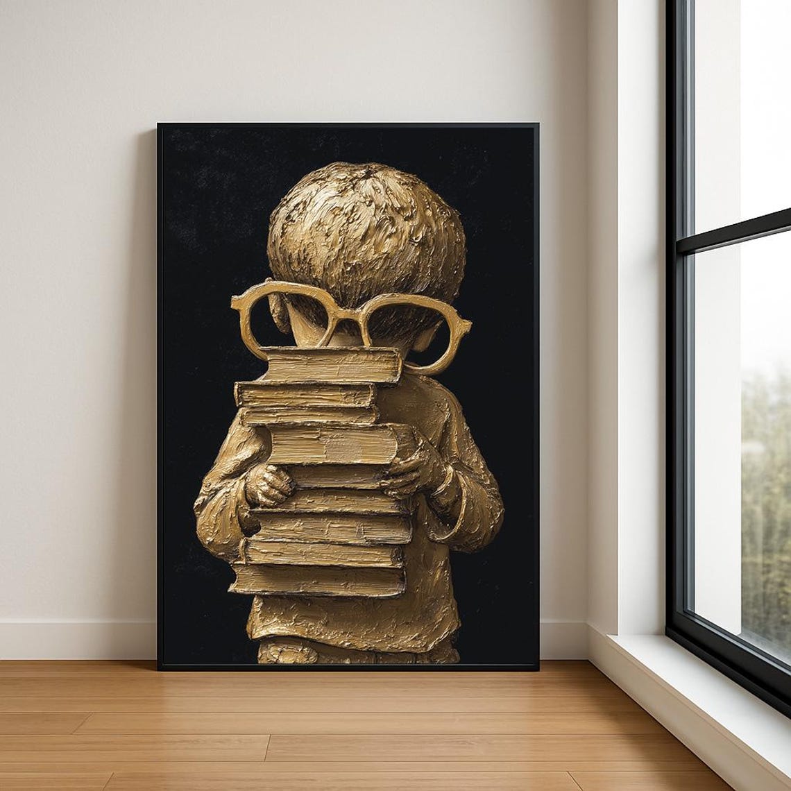 Golden Boy Reading Stack of Books Monochrome Impasto Art Poster