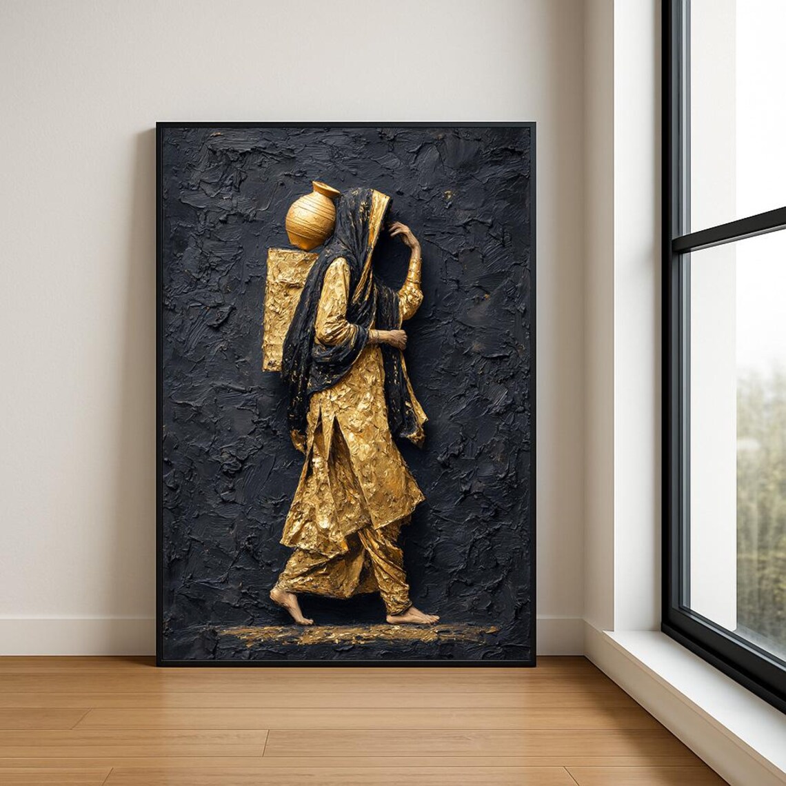 Woman Carrying Water Jar Gold Black Textured Oil Painting Poster