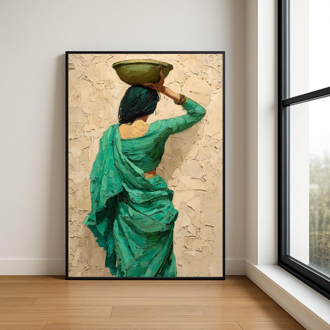 South Asian Woman Green Sari Water Carrier Textured Oil Painting Poster