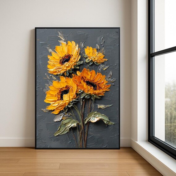 Yellow Sunflowers Dark Grey Textured Impasto Floral Oil Painting Poster