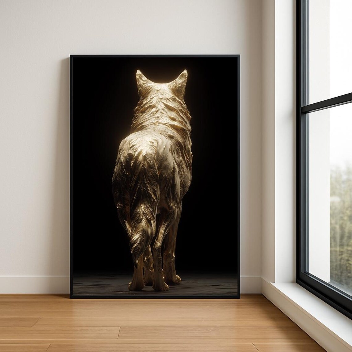 Golden Wolf Walking Away Textured Oil Painting Black Background Poster