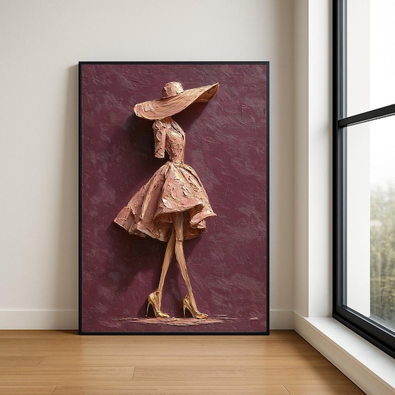 Rose Gold Lady in Twirling Dress and Wide Hat Fashion Wall Art