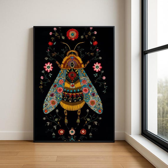 Colourful Embroidered Animal Wall Art Boho Illustration Print Vibrant Textile Style Home Decor