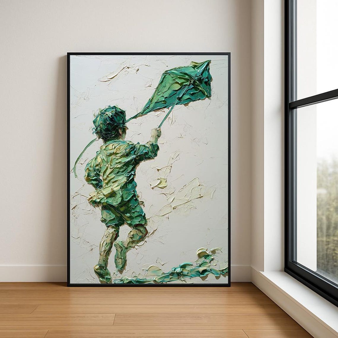 Boy Flying Emerald Kite From Behind Impasto Painting Kids Poster
