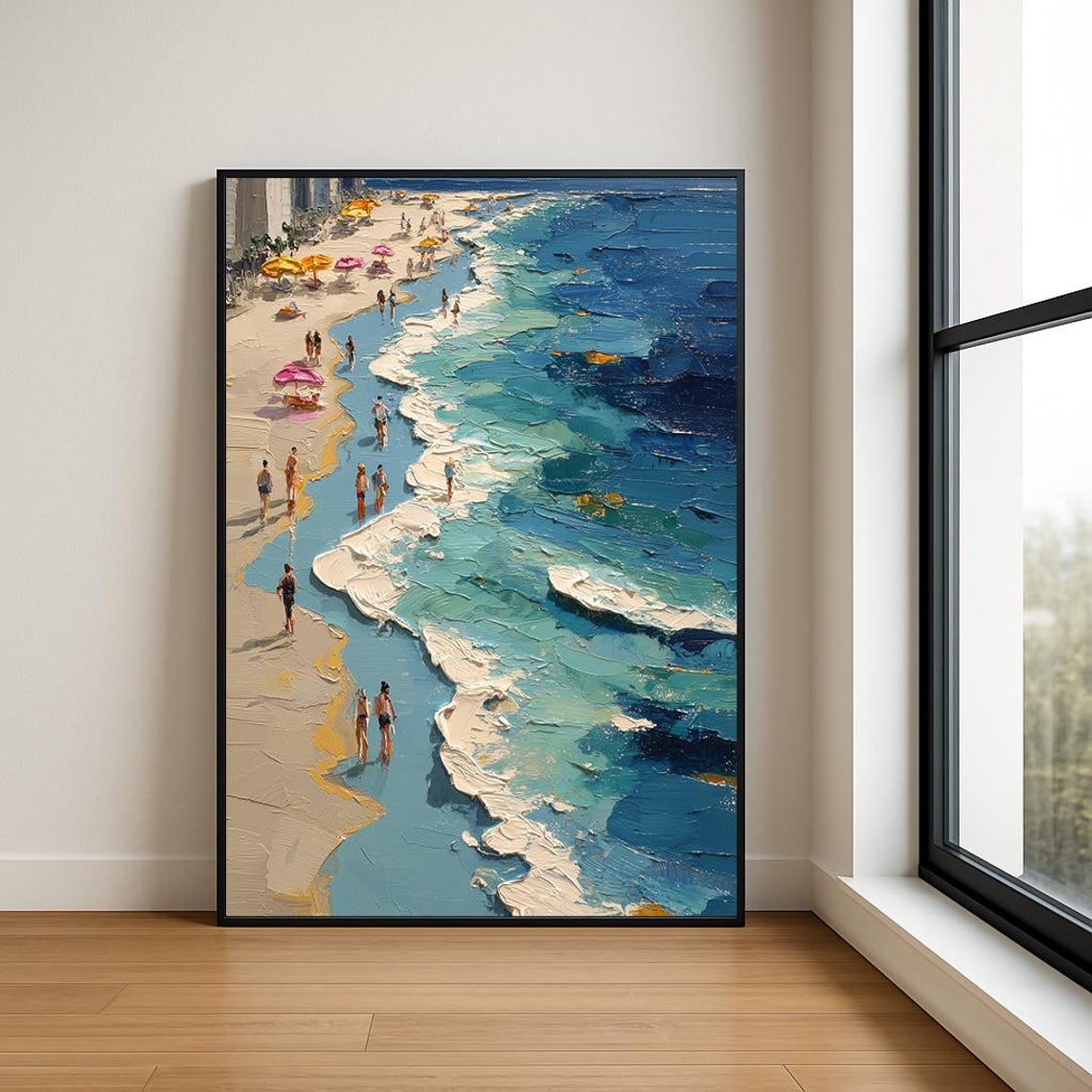 Aerial Beach Crowd Umbrellas Turquoise Surf Impasto Art Poster