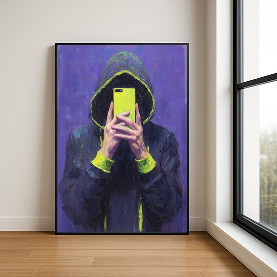 Hoodie Selfie Wall Art Print Modern Textured Oil Painting