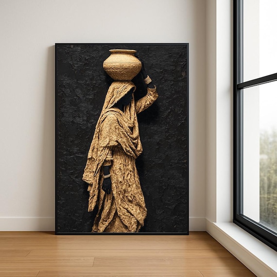 Golden Woman Carrying Water Pot Black Relief Sculpture Art Poster