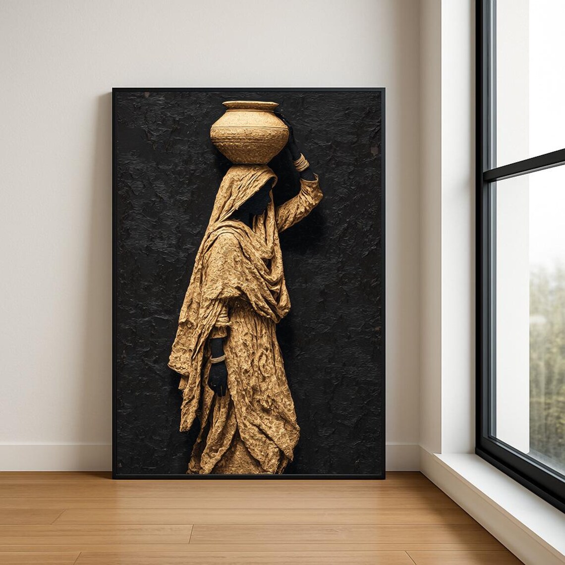 Golden Woman Carrying Water Pot Black Relief Sculpture Art Poster