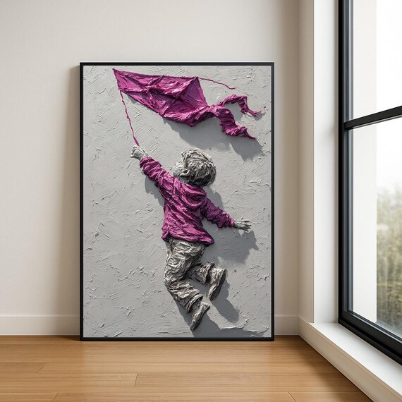 Boy Flying Magenta Kite Gray Textured Impasto Oil Painting Poster