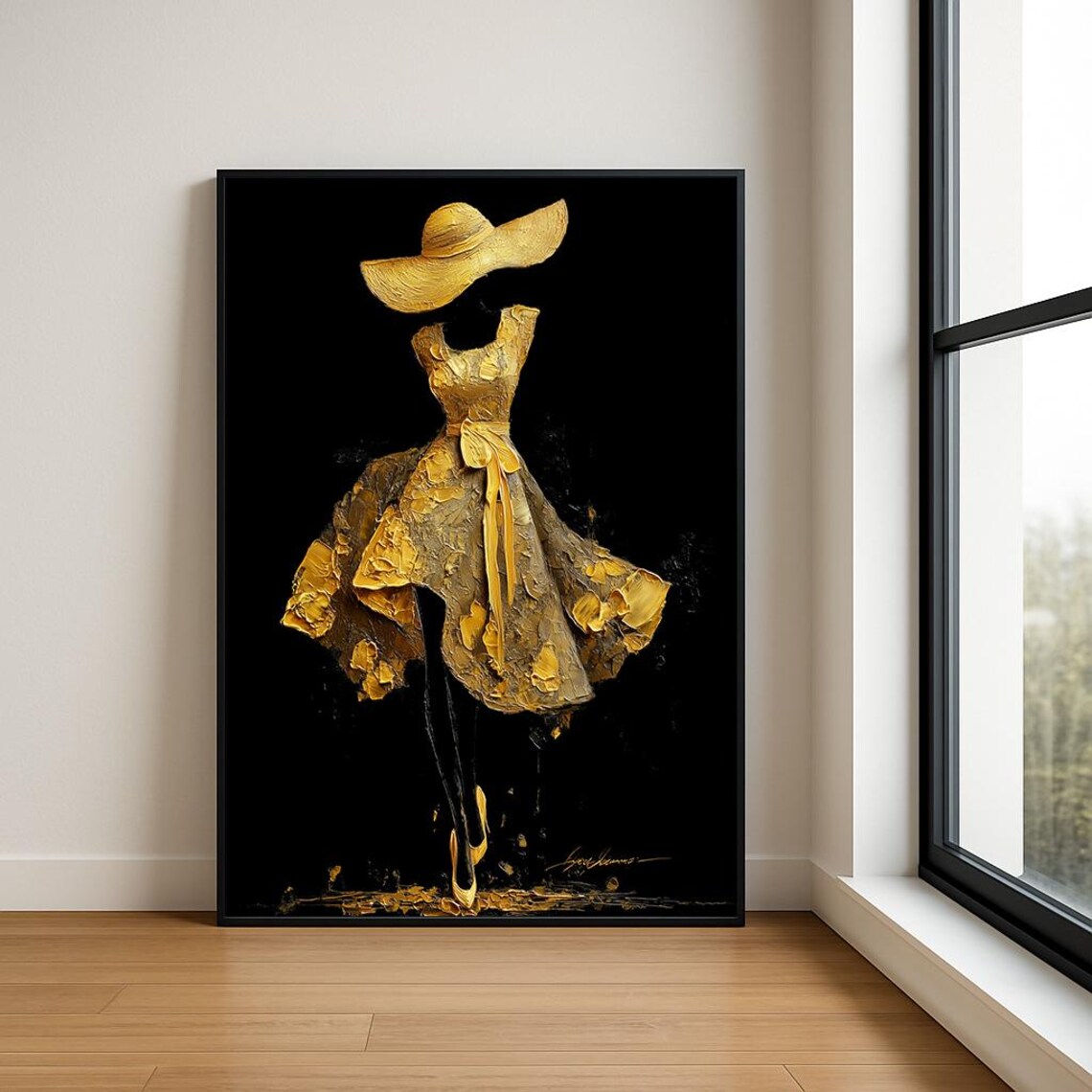 White Dress Lady with Hat Impasto on Navy Fashion Art Poster