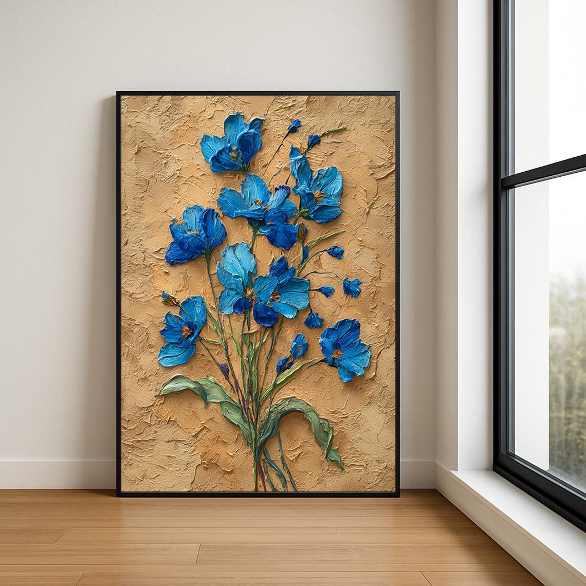 Blue Wildflowers on Sand Textured Impasto Botanical Floral Poster