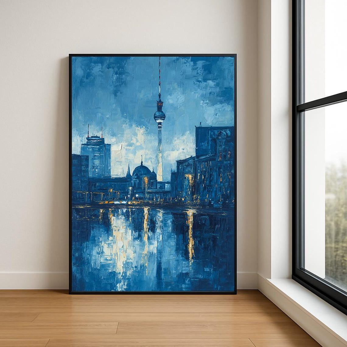 Berlin TV Tower Night Reflection Blue Gold Oil Cityscape Poster
