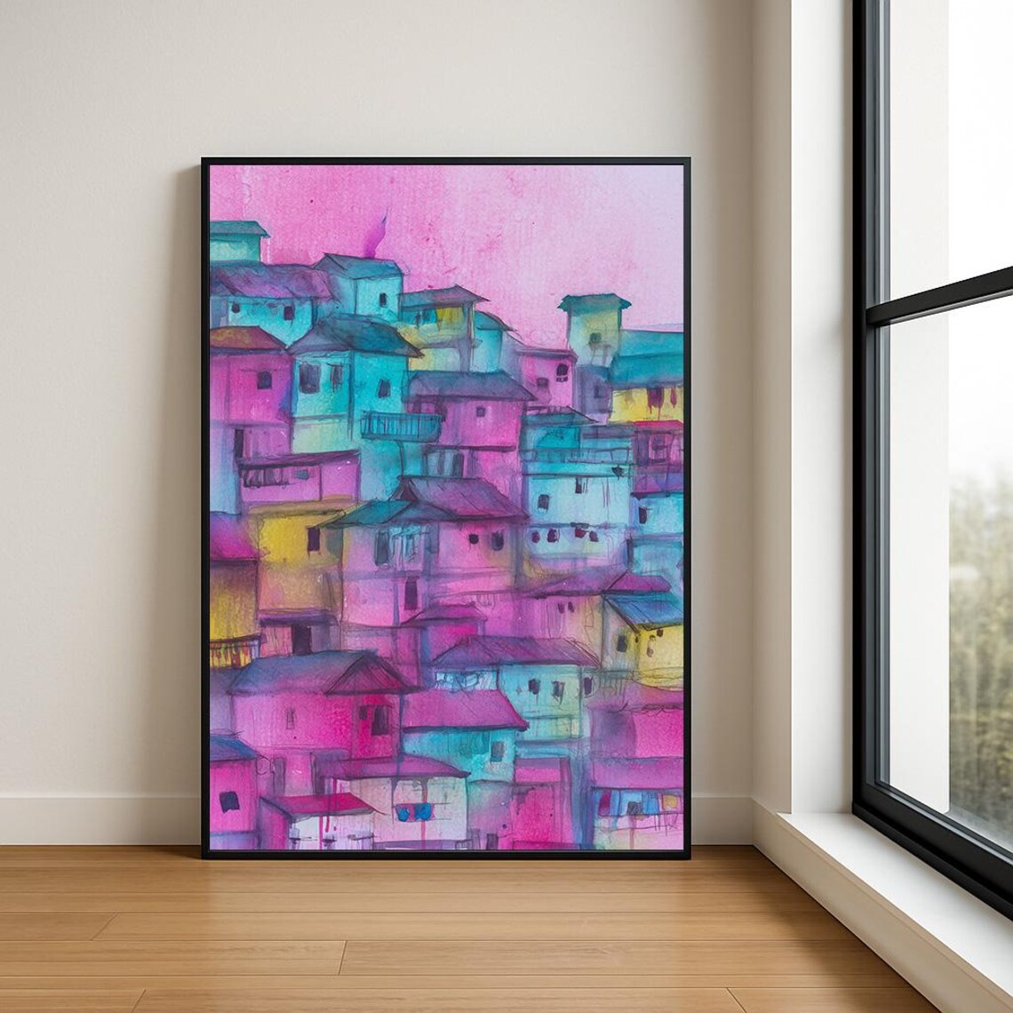 Colorful Hillside Old Town Stacked Houses Watercolor Art Poster