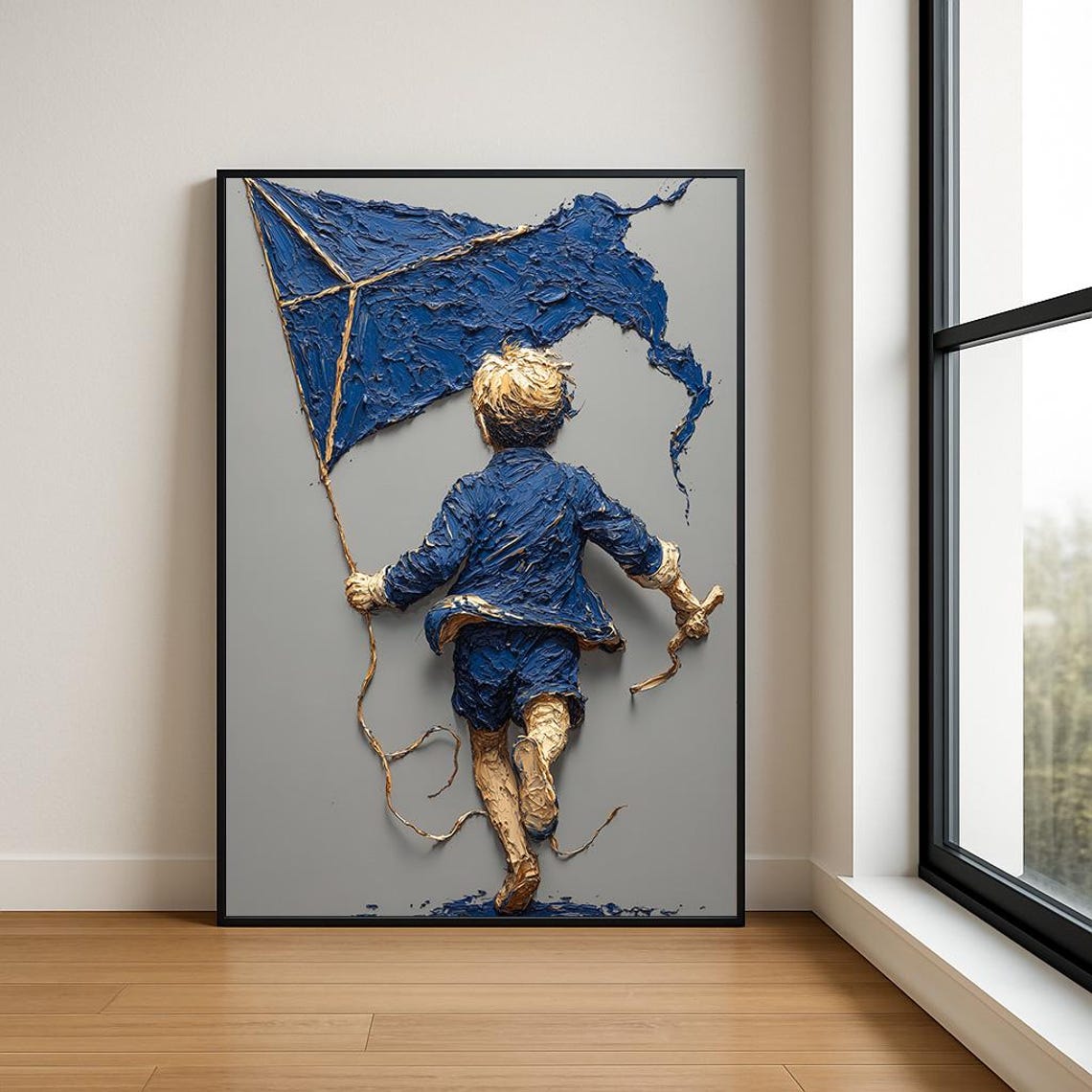 Boy Running With Blue Kite Textured Impasto Oil Painting Art Poster