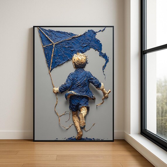 Boy Running With Blue Kite Textured Impasto Oil Painting Art Poster