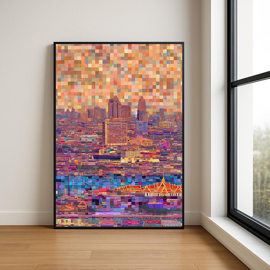 Vibrant Mosaic City Skyline Temple Roofs Sunset Collage Poster
