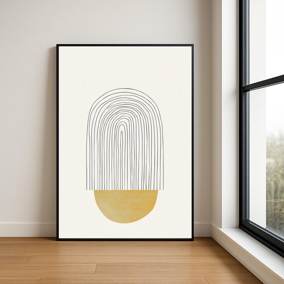 Gray Line Arch and Gold Half Circle Poster in Japandi Art Style