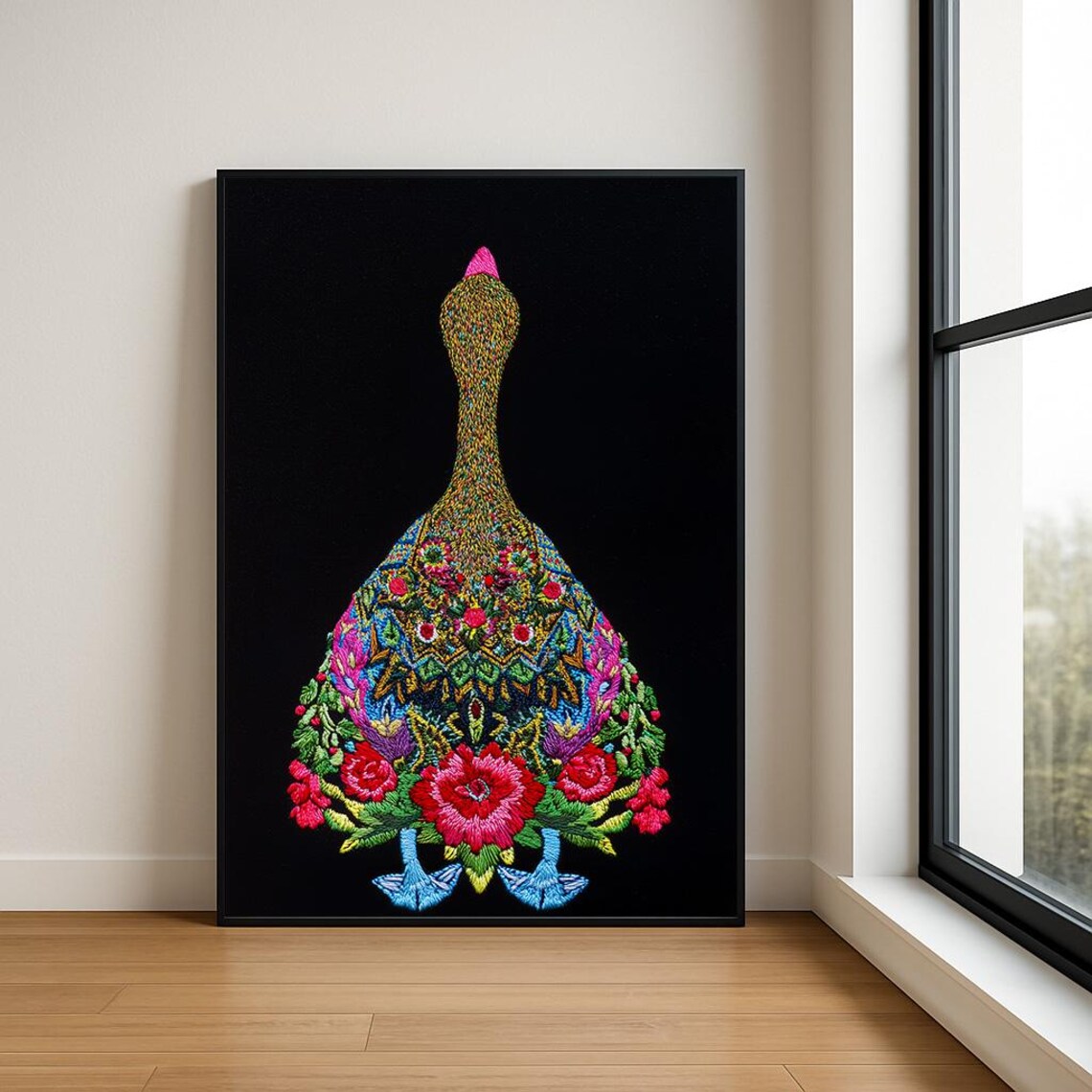 Colorful Embroidered Goose From Behind Floral Folk Art Bird Poster