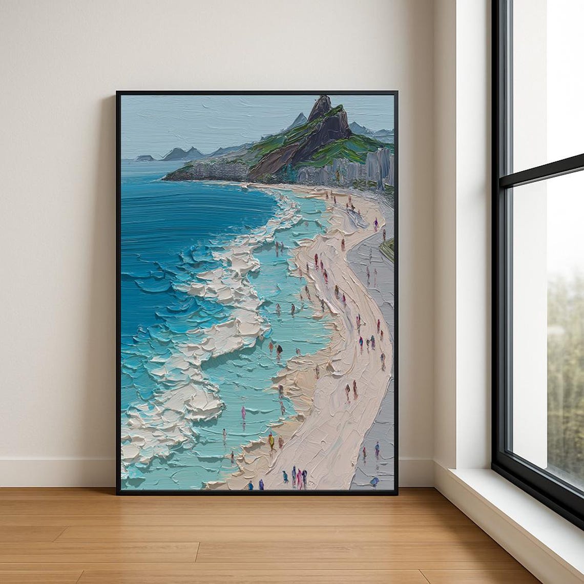 Sunny Beach Cove Green Cliffs Thick Impasto Oil Painting Poster