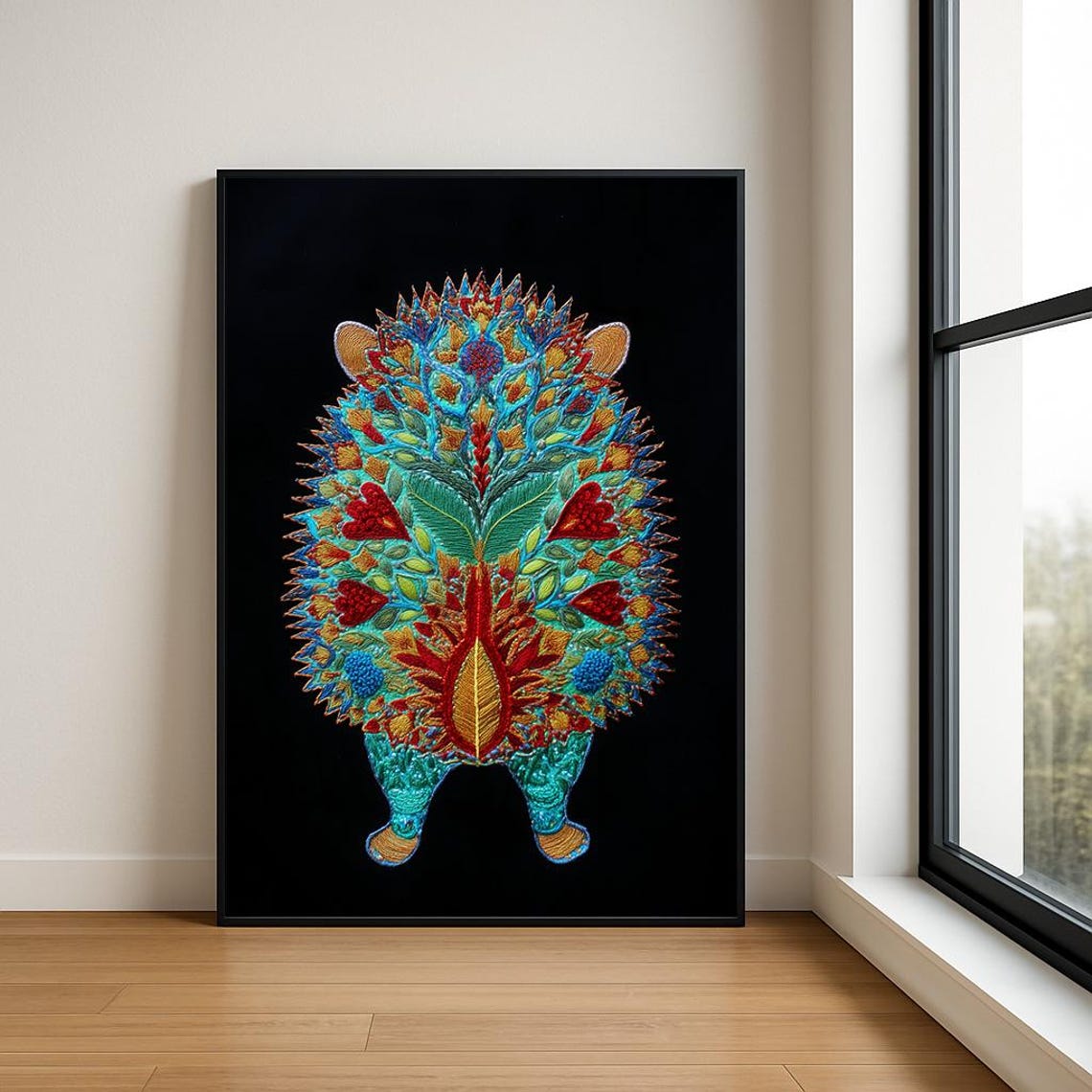 Colorful Embroidered Hedgehog From Behind Floral Folk Art Poster