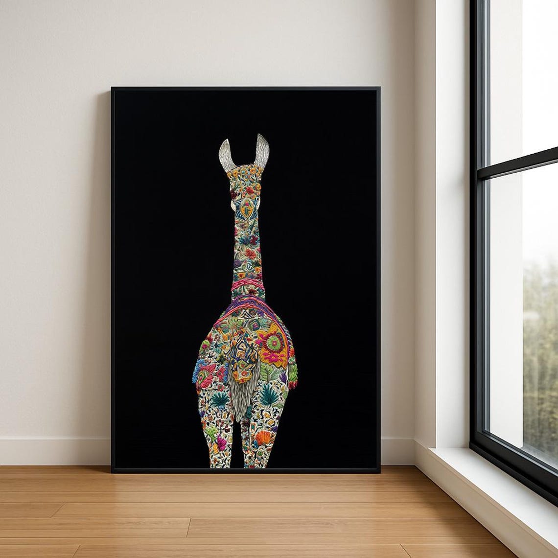 Embroidered Llama Floral Boho Animal Rear View Poster On Black