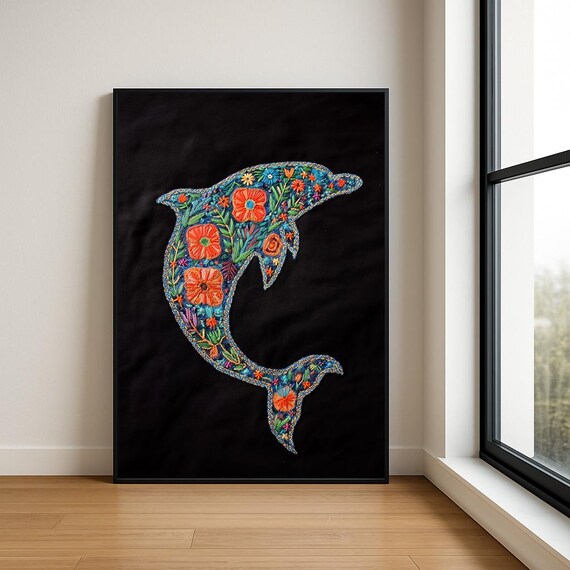 Colourful Embroidered Animal Wall Art Boho Illustration Print Vibrant Textile Style Home Decor