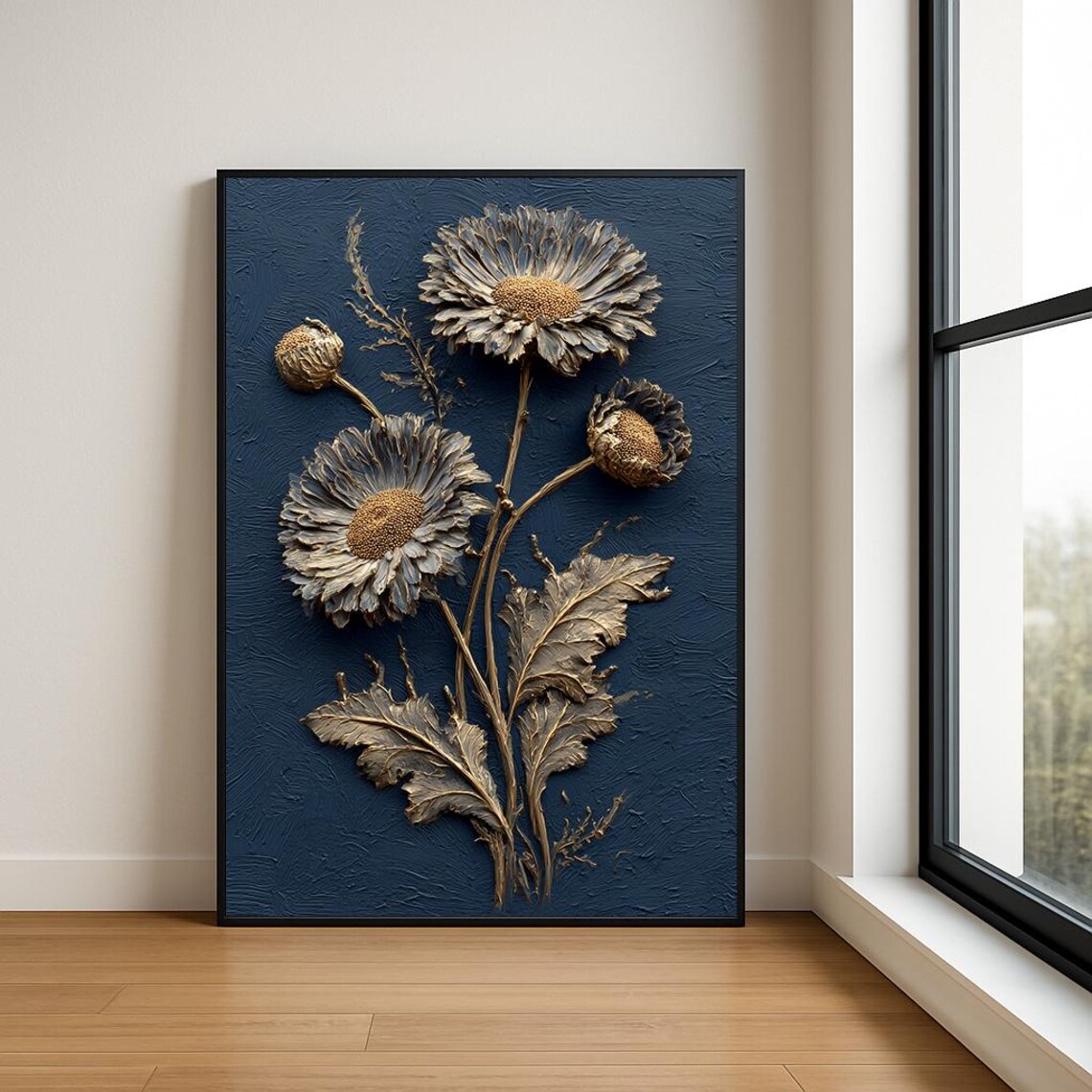 Metallic Silver Daisy Blooms on Navy Blue Impasto Textured Floral Poster