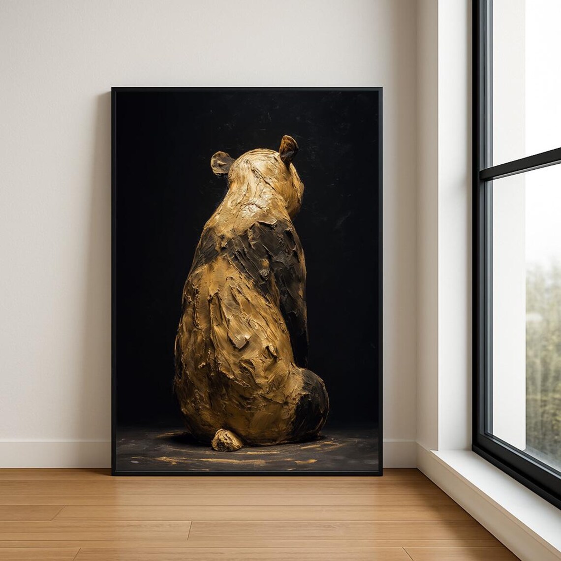 Golden Bear Sitting Black Background Textured Impasto Painting Wall Art