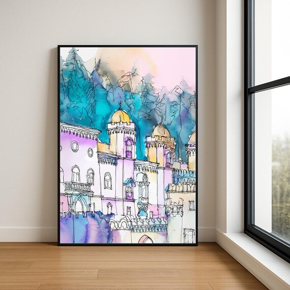 Romantic Palace Domes Pastel Ink and Watercolor Sketch Poster