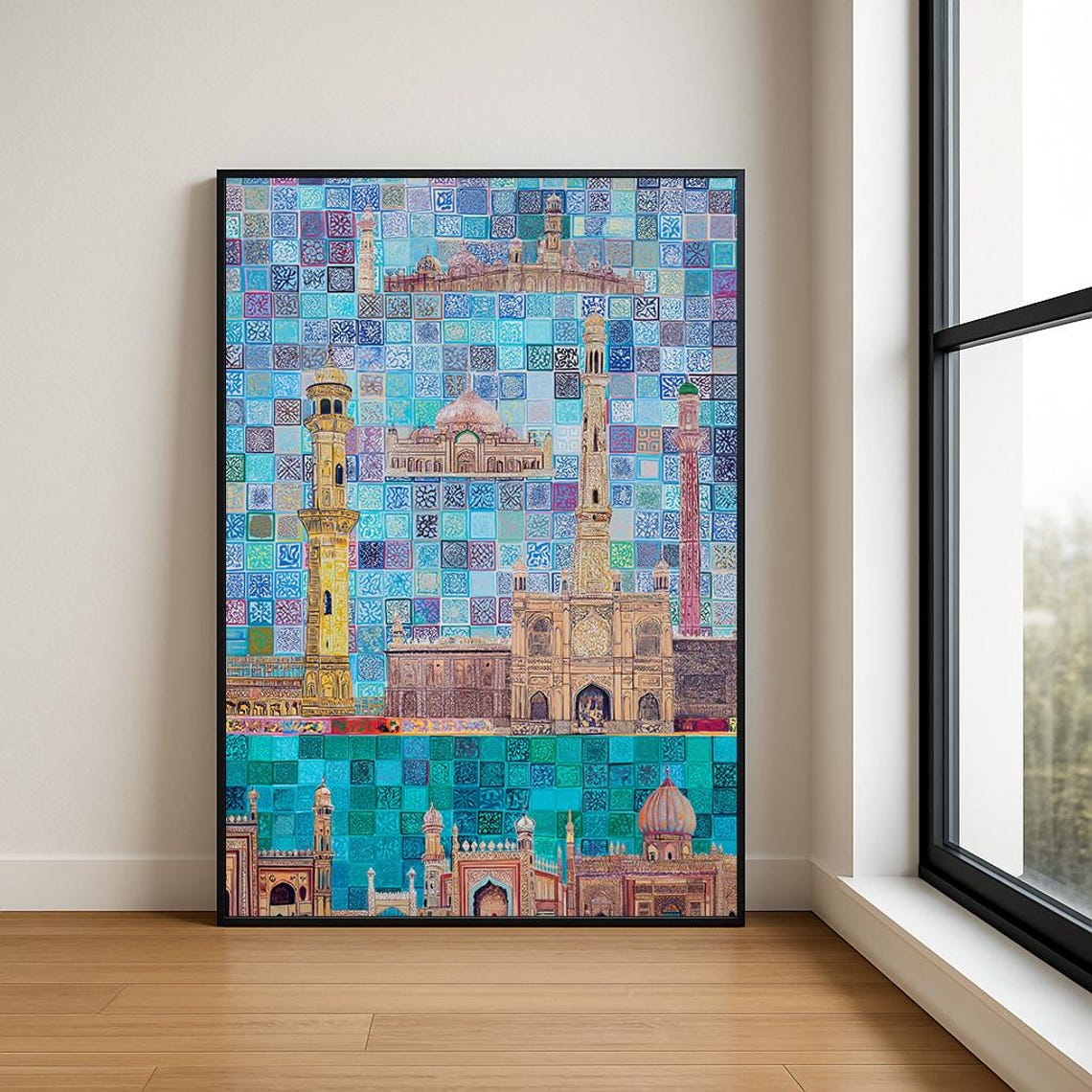 Islamic Mosque Minaret Mosaic Collage Blue Tiles Middle East Wall Art