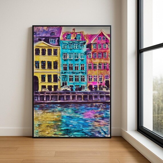 Colorful Waterfront Houses Canal Reflections Watercolor Poster