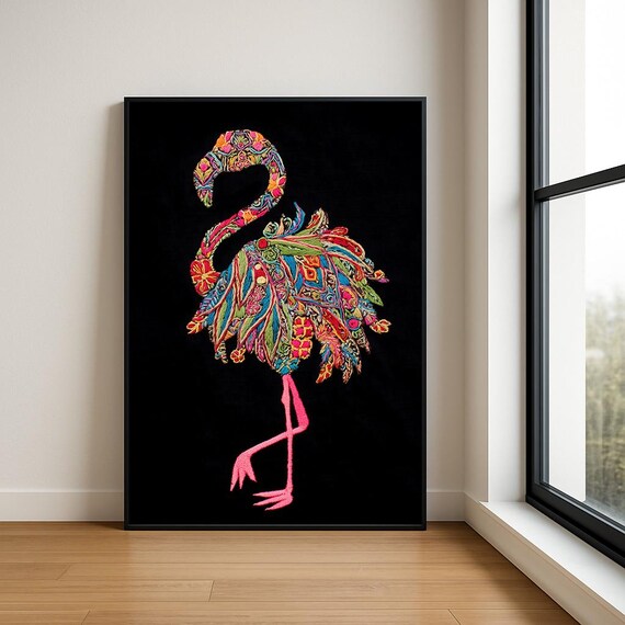 Colourful Embroidered Animal Wall Art Boho Illustration Print Vibrant Textile Style Home Decor