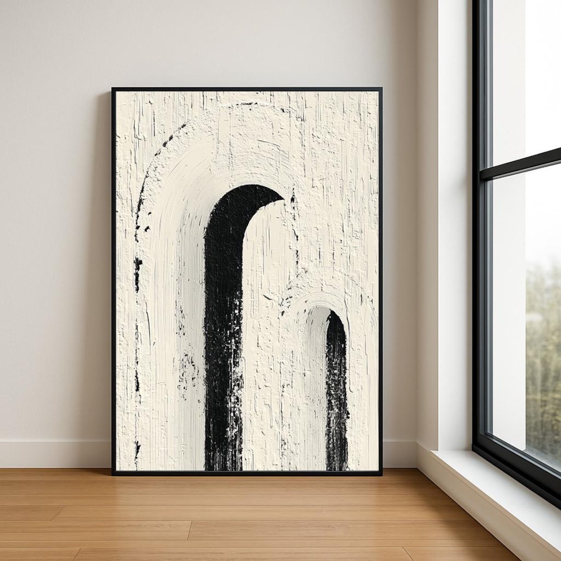 Black Crescent Arch White Textured Abstract Painting Wall Art