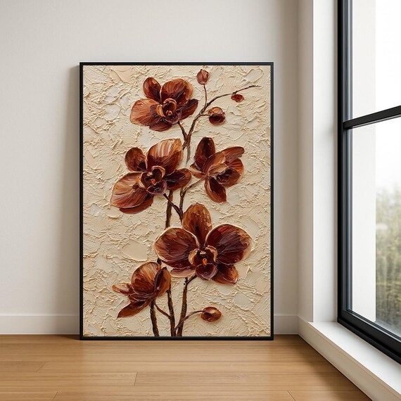 Bronze Orchids Cream Canvas Textured Impasto Floral Oil Poster