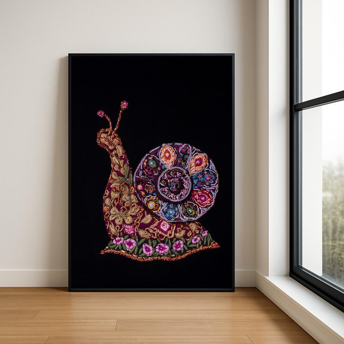 Snail Mosaic Embroidery Jewel Tone Purple Floral Shell Poster