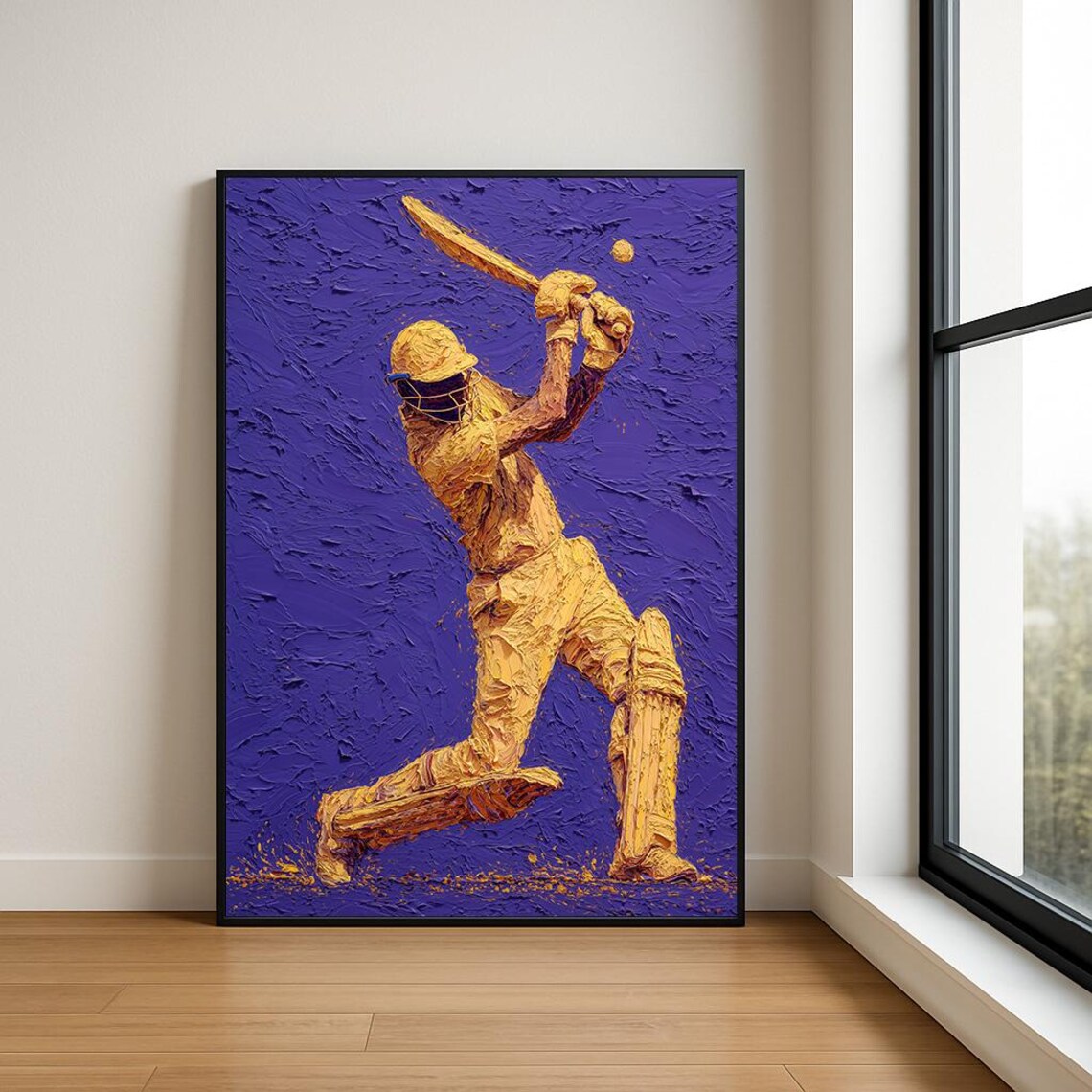 Golden Cricket Batsman Purple Impasto Textured Sports Art Poster