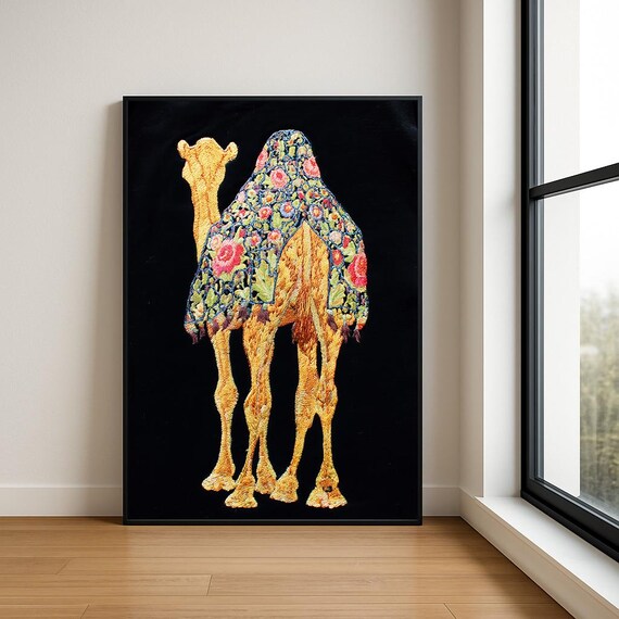 Colourful Embroidered Animal Wall Art Boho Illustration Print Vibrant Textile Style Home Decor