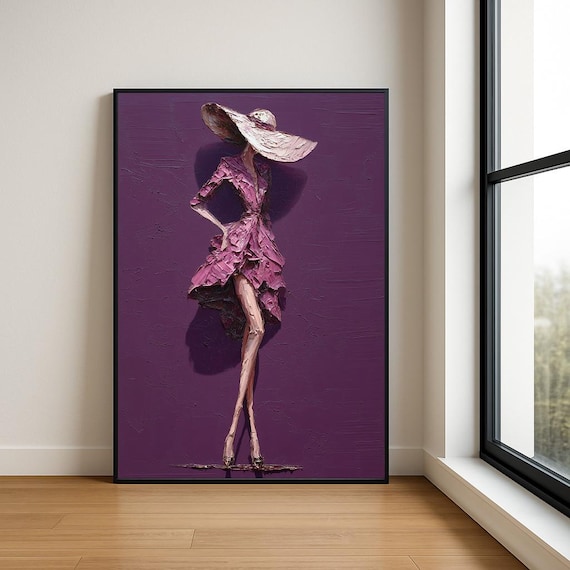Stylish Lady Pink Dress Wide Hat Fashion Figure Painting Poster